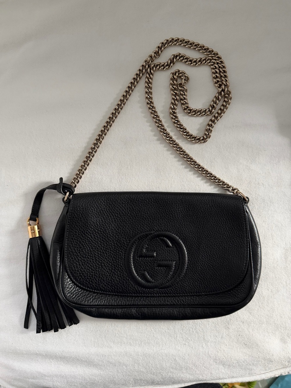 Gucci Soho Black Pebbled Leather Crossbody with Gold Chain & Tassel